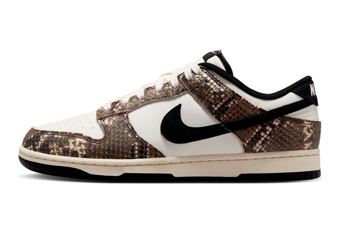Nike Dunk Low Snakeskin in brown with pearl leather and black suede accents, releasing Summer 2026 - detail view 3
