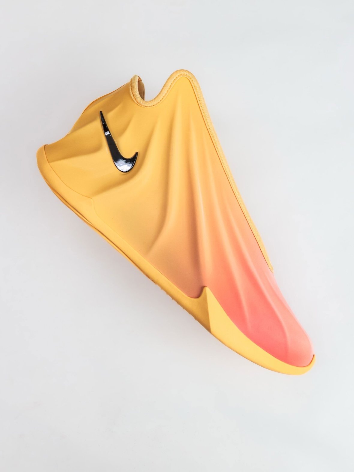 Nike GT Future EYBL exclusive in peach-to-yellow gradient with metallic silver Swoosh and black laces - detail view 3
