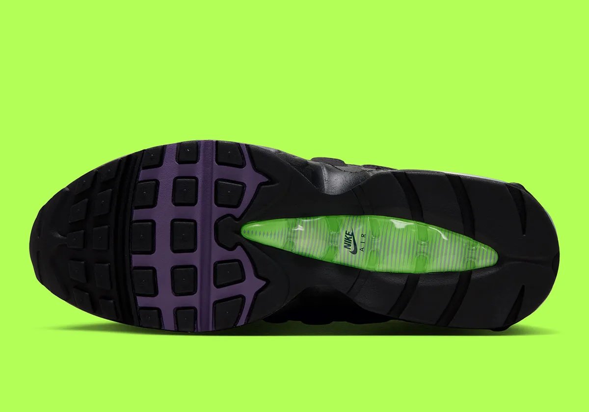 Nike Air Max 95 Joker colorway in Canyon Purple and villain green, featuring jewel-tone Swoosh and grey side panels - detail view 2
