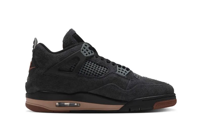 Air Jordan 4 'London' in shaggy gray suede with rust-brown accents and translucent heel mudguard featuring LDN graphic - detail view 3