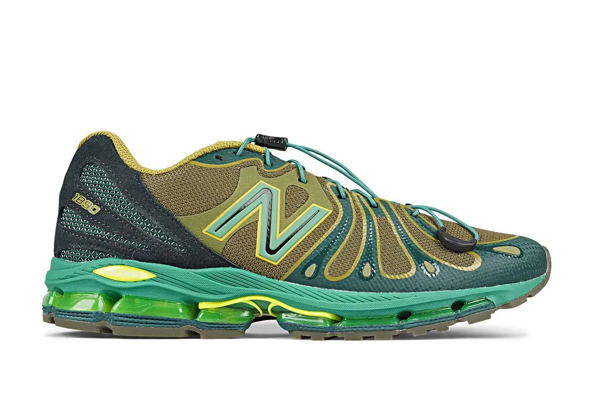 New Balance 1890 Nordic Green sneaker featuring olive, teal, and highlighter green upper with cool-toned heel counter and toe overlays - detail view 2
