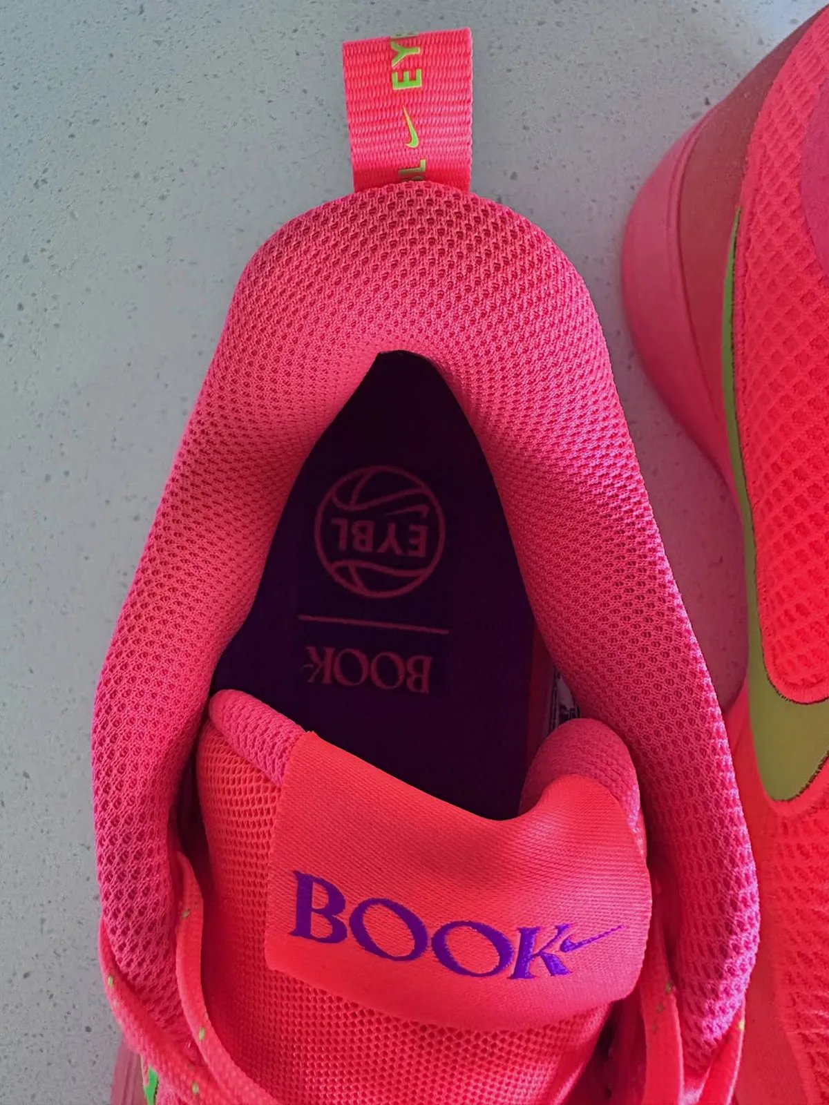 Nike Book 2 EYBL PE in pink and green colorway with chain-link mesh upper and purple accents - detail view 4