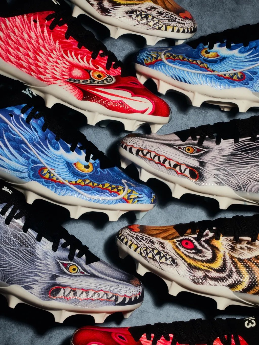 Y-3 x adidas Adizero Electric II in four beast-inspired colorways, showing the lightweight speed trainer silhouette with bold color blocking