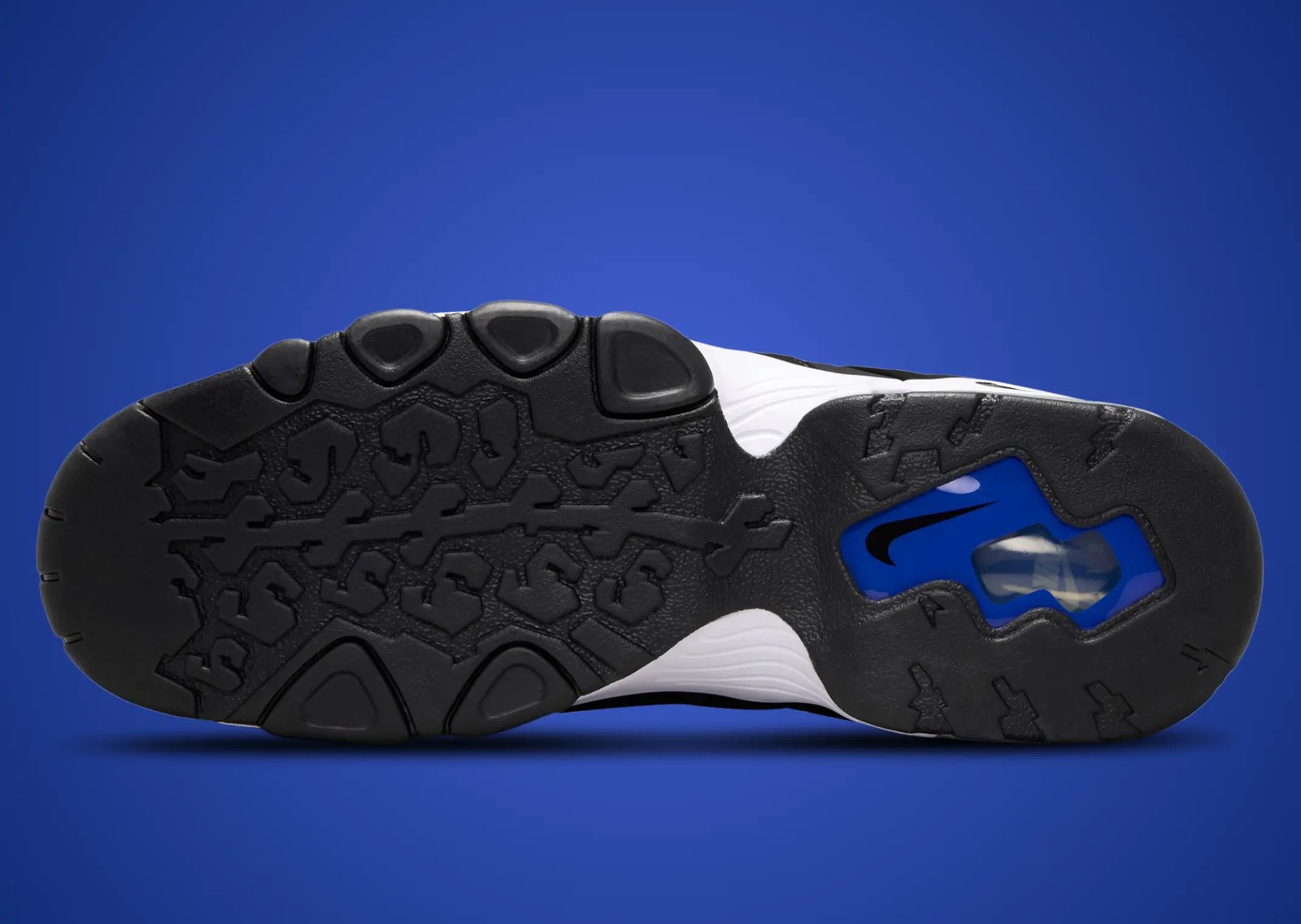 Nike Air Max 2 CB 94 Black Varsity Royal showing black nubuck toe, blue leather upper, and translucent blue Air heel unit - detail view 4