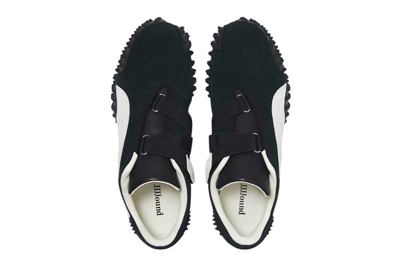 JJJJound x PUMA Mostro Black/White sneaker in grayscale, side profile showing suede upper and velcro strap detail - detail view 4