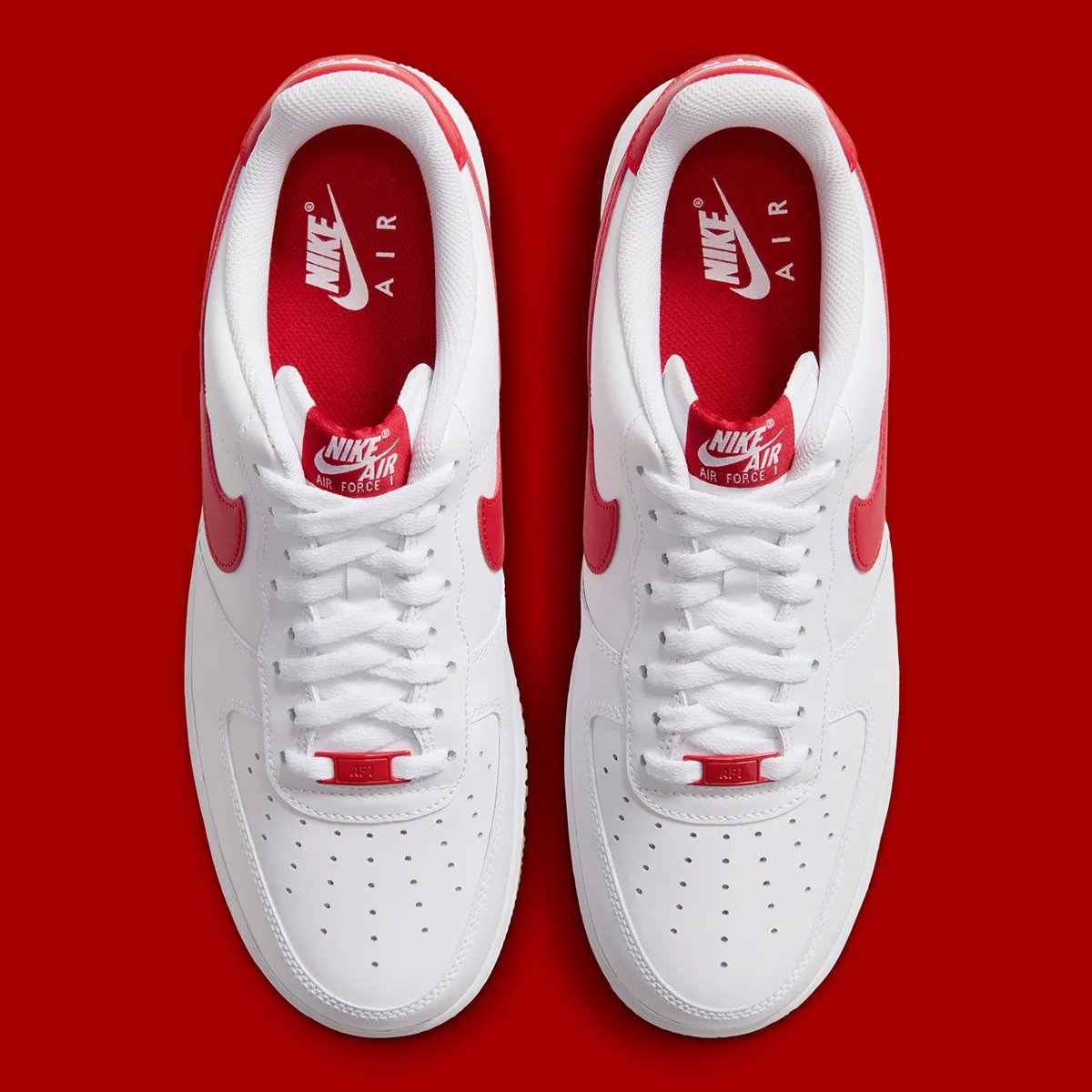 Nike Air Force 1 Low in White leather with Challenge Red Swoosh and Gum Light Brown outsole, shown from multiple angles - detail view 4