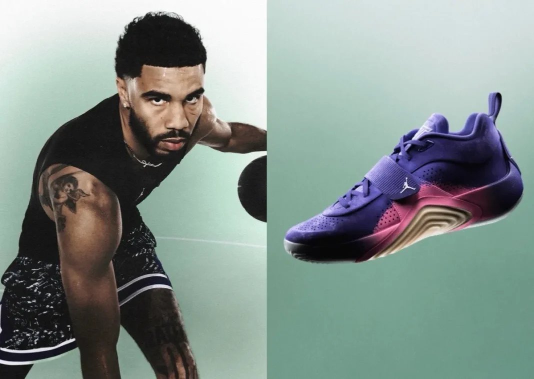 Jordan Brand Tatum 5 basketball shoe in Sunrise colorway, showcasing midfoot strap support and Air Zoom cushioning