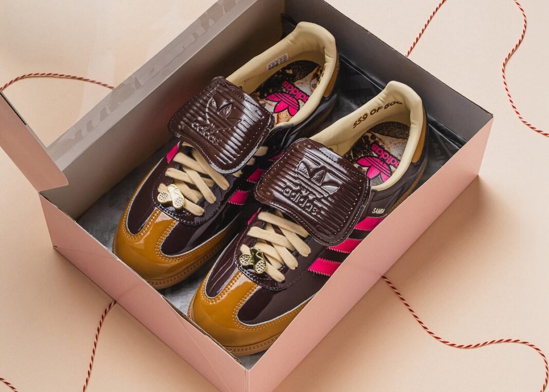 Asphalt x adidas Samba Cannoli in wheat and brown colorway with interchangeable Velcro tongue and custom cannoli charm - detail view 1