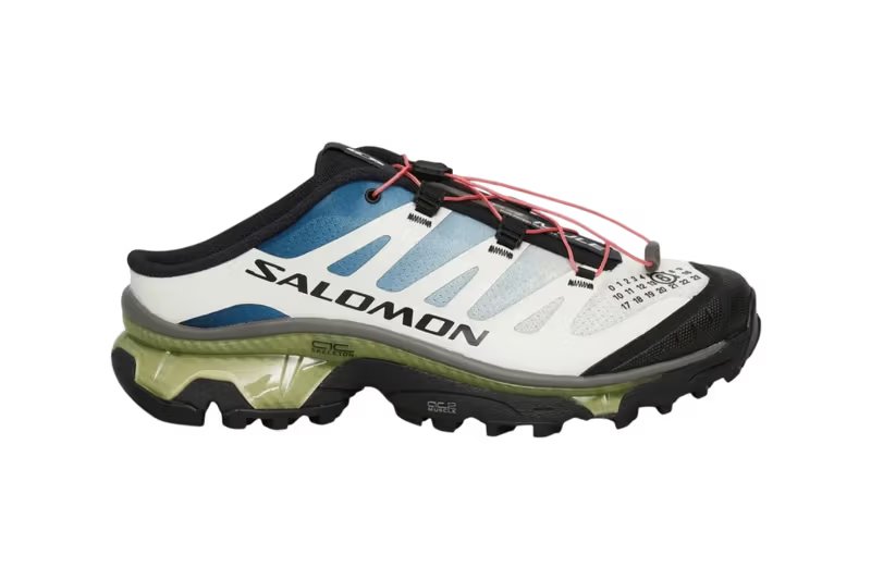 MM6 Maison Margiela x Salomon XT-4 MULE in Vanilla Ice and Black colorways, showing the open-heeled mule silhouette with technical trail shoe details - detail view 2