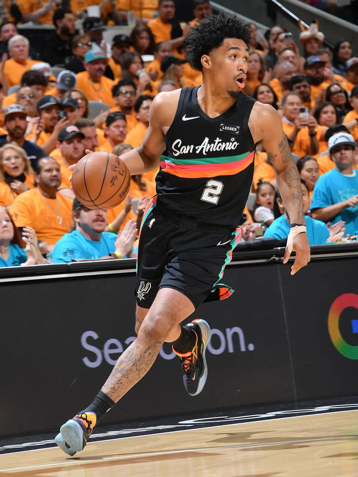 Dylan Harper wears Nike Zoom GT Cut 1 x Titan 22 in Black and Metallic Silver colorway during NBA playoff action - detail view 2