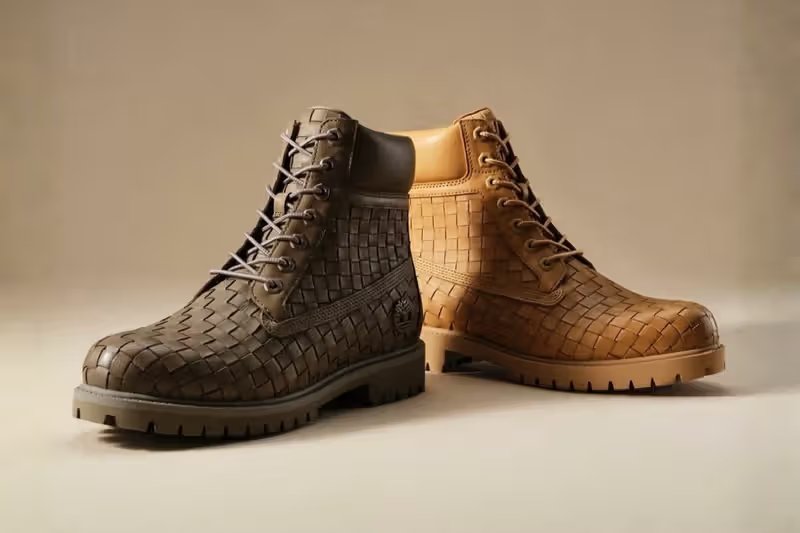 Timberland 6-Inch Premium Woven Boot in Olive with interlocking woven leather pattern - detail view 2