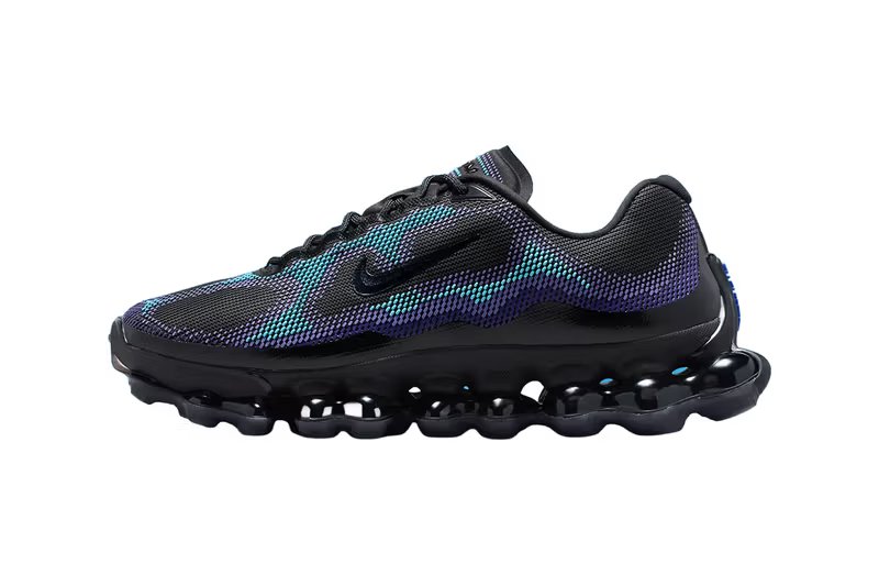 Nike Air Liquid Max Black/Radiant Blue featuring three-layer textured mesh upper with nanoprint design and visible point-loaded Air cushioning pods - detail view 1