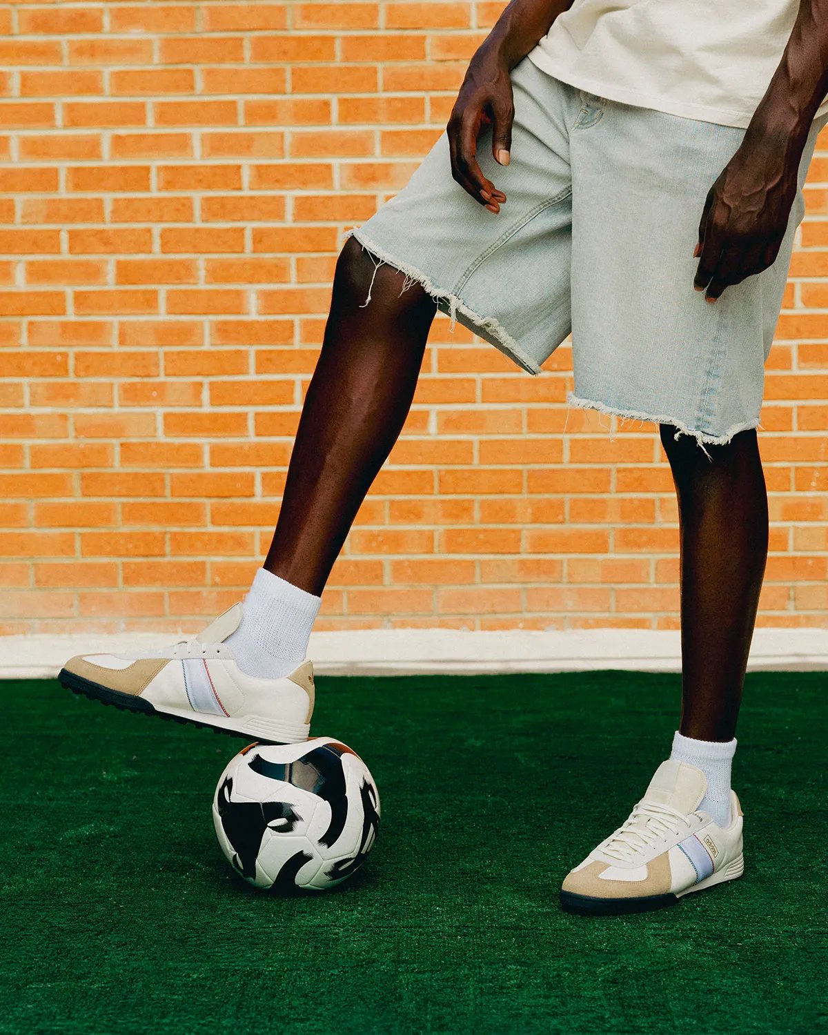 Whitaker Group x adidas BW Mundial black and white colorway with scalloped suede edges and nylon branding - detail view 1