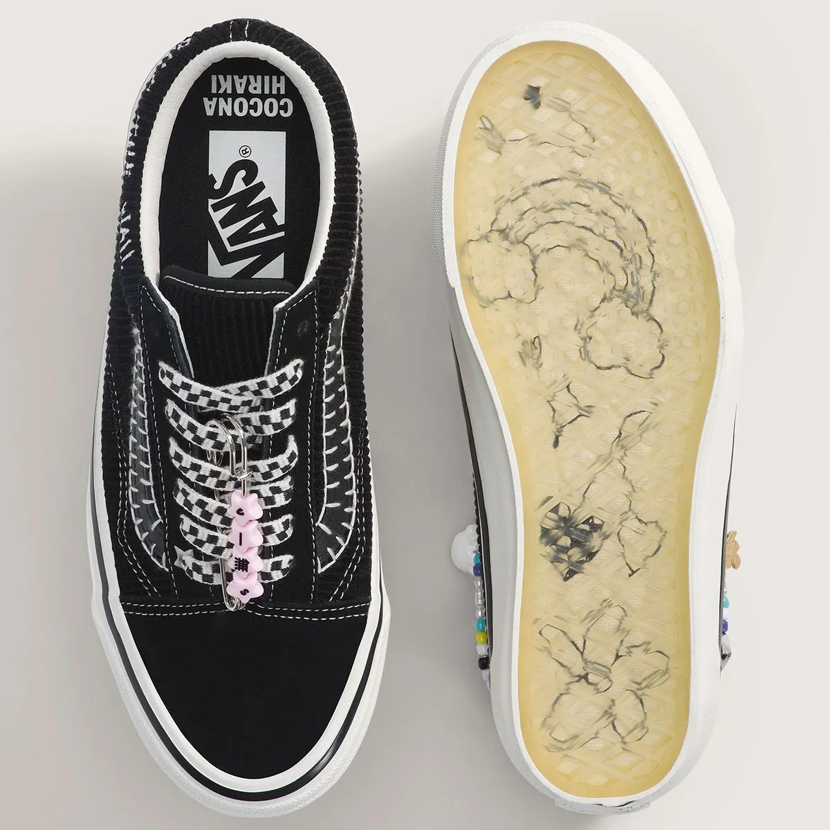 Cocona Hiraki x Vans Old Skool in black-and-white with corduroy details and embroidery - detail view 3