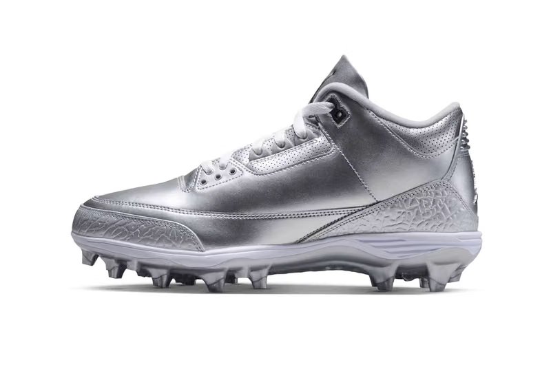 Air Jordan 3 Mid TD cleats in Metallic Silver with tumbled leather upper and elephant-print overlays - detail view 2