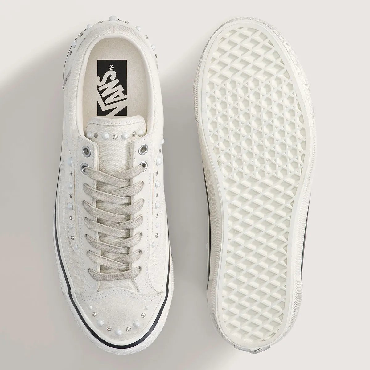 Vans Old Skool Pearlized Marshmallow with pearl and stone detailing on canvas upper, tongue, and heel panels - detail view 3