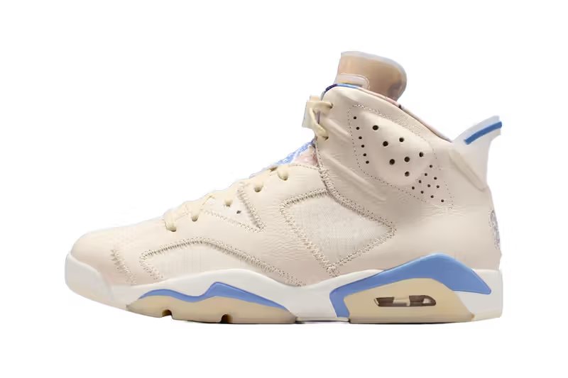 Air Jordan 6 'Sashiko' in pale ivory leather with indigo tie-dye and cross-stitch detailing - detail view 3