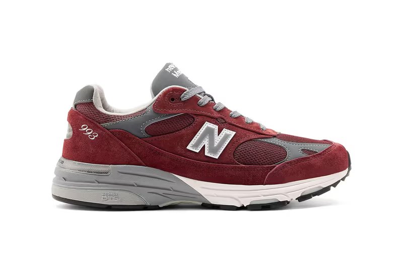 New Balance 993 Made in USA in Burgundy colorway, side profile showing mesh and suede construction - detail view 3