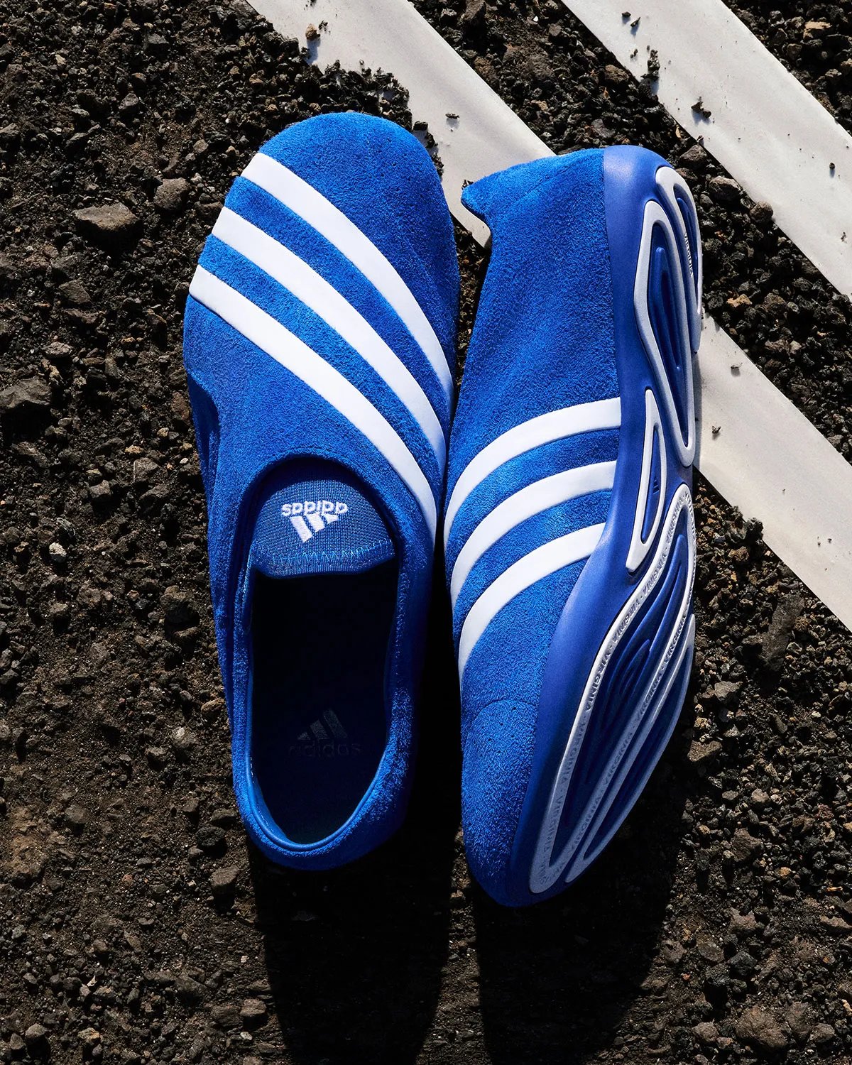 Pharrell x adidas Virginia Vario Flat Earther in black suede with white stripe and branding details - detail view 1