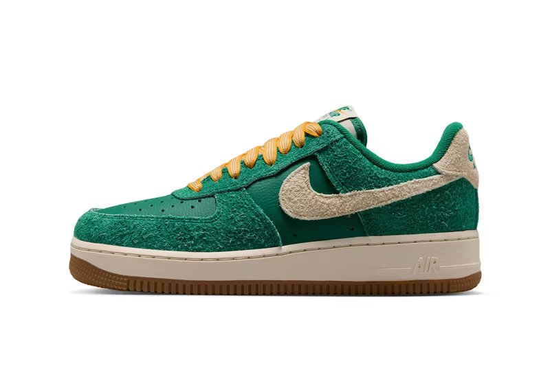 Nike Air Force 1 Low Game Day in Malachite and University Gold colorway, showing side profile and vintage sports-inspired design - detail view 3