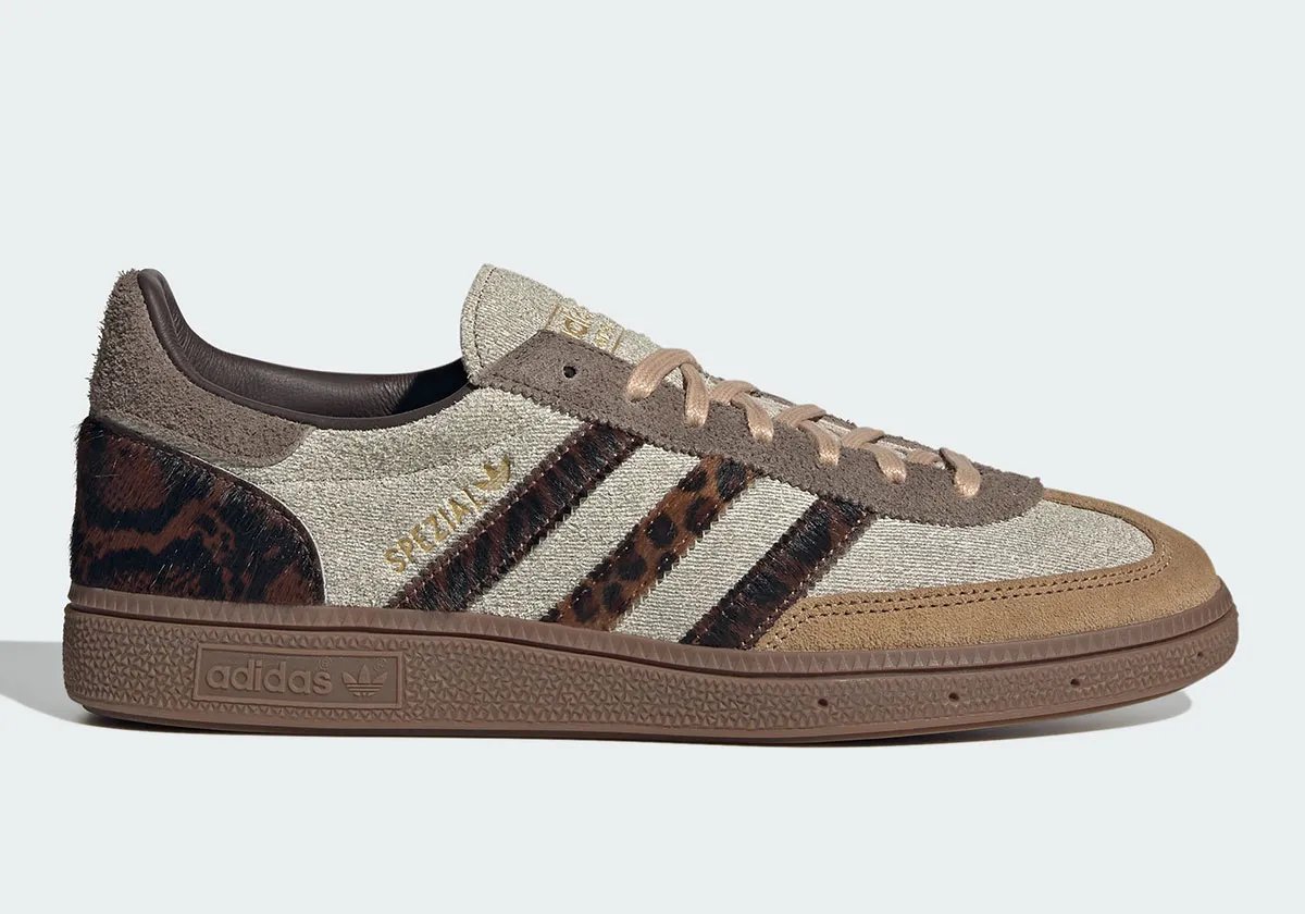 adidas Handball Spezial in grey denim with cheetah pony hair stripes and caramel suede toe overlay - detail view 3