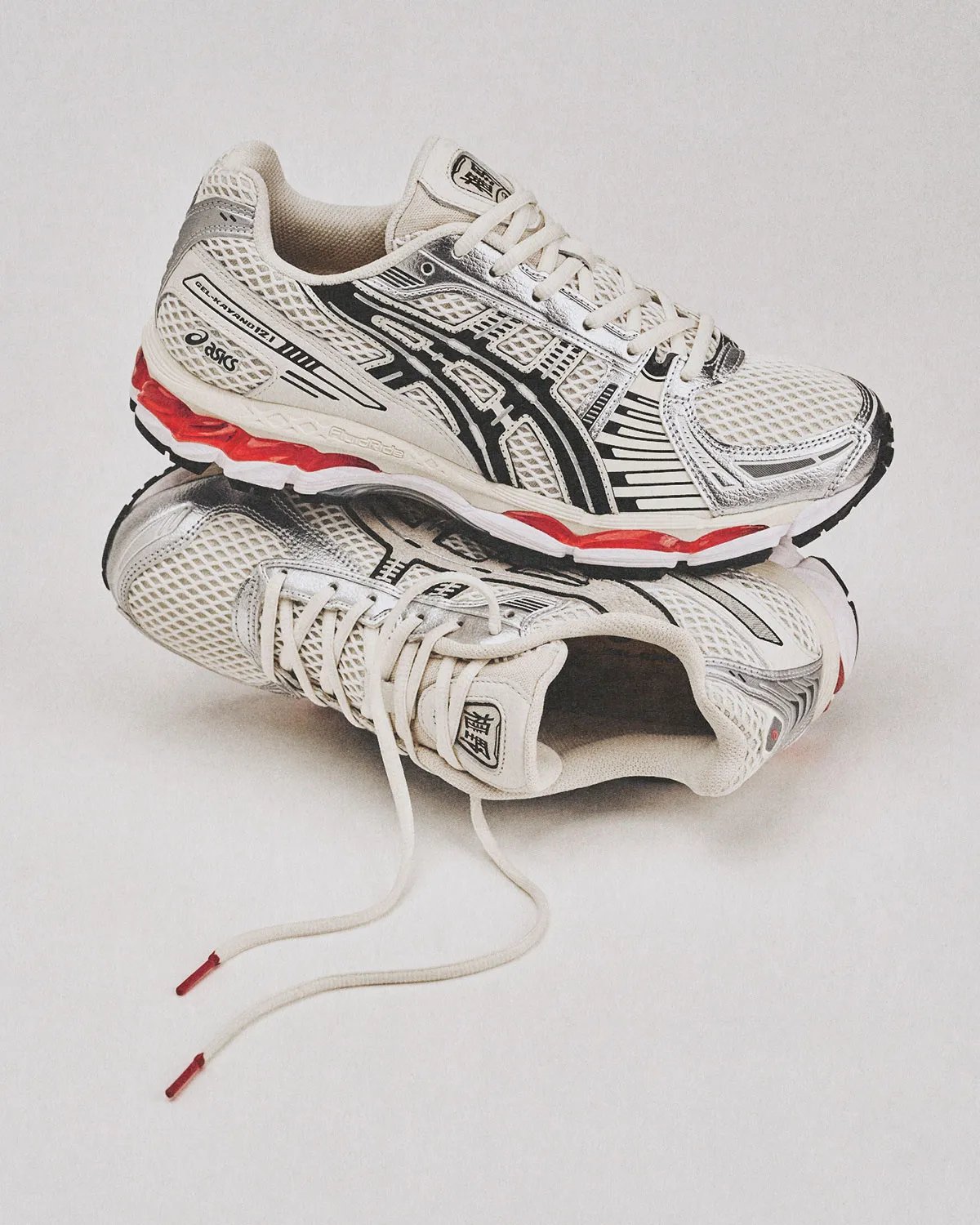 Lapstone & Hammer x ASICS GEL-Kayano 12.1 'The Spark' with diamond knit mesh upper, metallic silver and cream leather panels, and red midsole accents - detail view 4