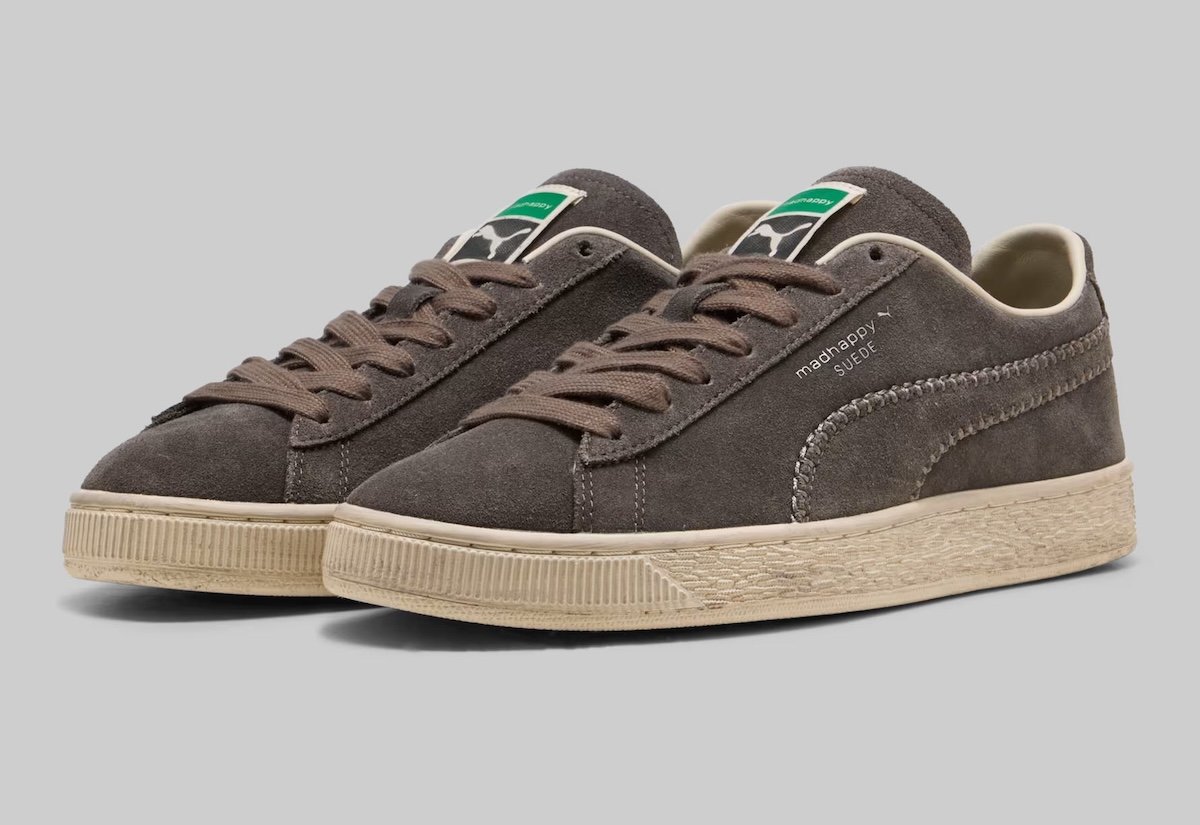 Madhappy x Puma Suede in Matte Bronze showing brown tonal upper with exposed Formstrip stitching and tan midsole - detail view 2