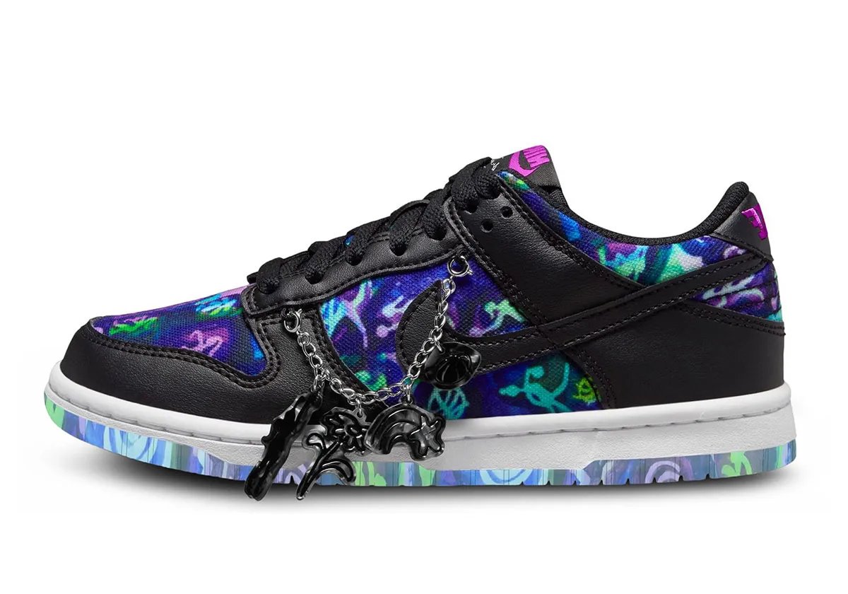Andrea Bergart x Nike Dunk Low Grade School featuring psychedelic kaleidoscopic prints and metallic charms on upper and sole - detail view 1