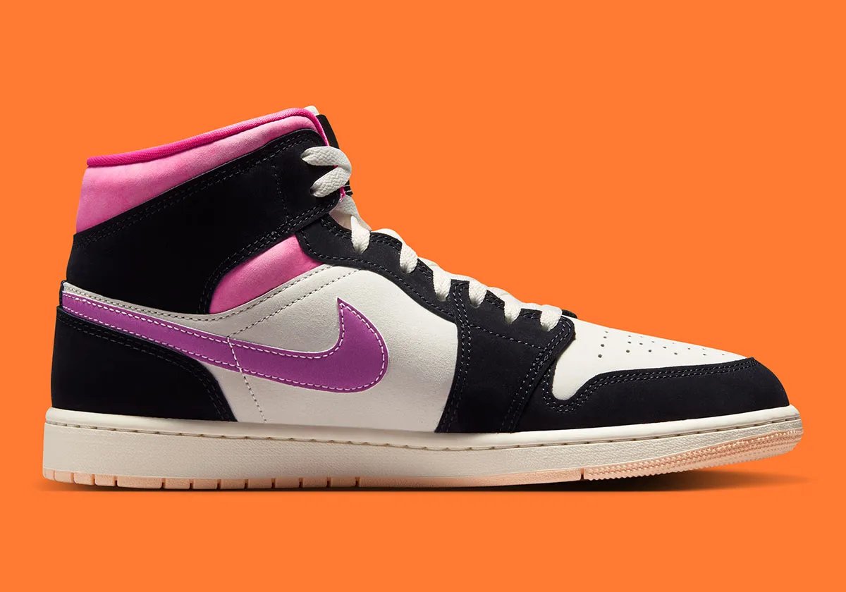 Air Jordan 1 Mid in Dunkin' Donuts-inspired orange and pink colorway, showing leather upper and classic silhouette - detail view 3