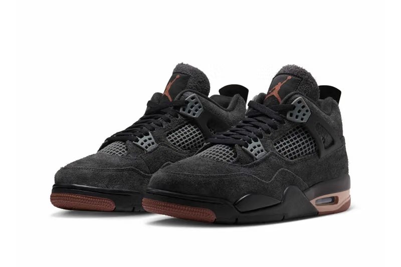 Air Jordan 4 'London' in shaggy gray suede with rust-brown accents and translucent heel mudguard featuring LDN graphic - detail view 4