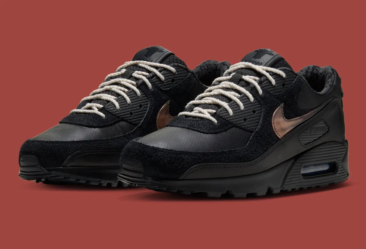 Wagyu x Nike Air Max 90 in black and anthracite with gold accents and hairy suede quarter panel - detail view 2