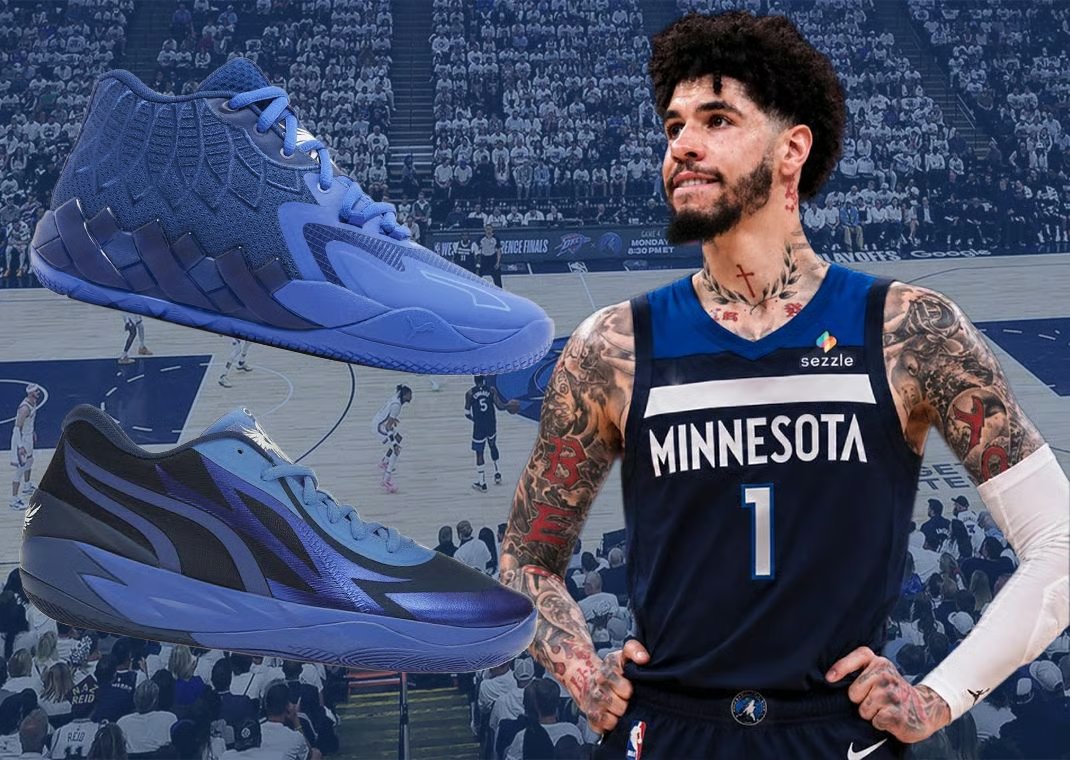 Collection of Nike and Puma signature basketball shoes in team colorways matching new NBA franchises for LeBron James, Jaylen Brown, LaMelo Ball, Ja Morant, and Giannis Antetokounmpo - detail view 4