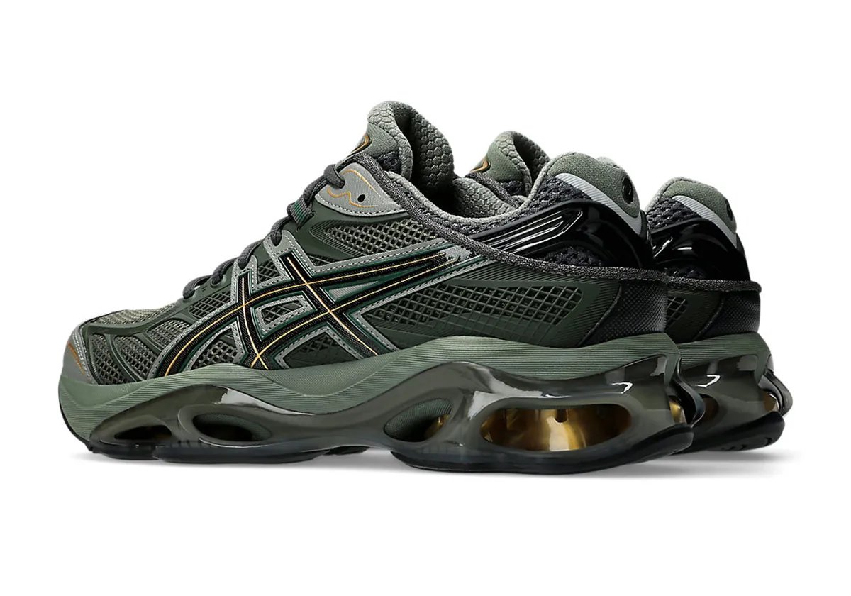 ASICS GEL-Kinetic 2.0 in Olive Green with gold GEL heel cushioning and layered sage side motif - detail view 1