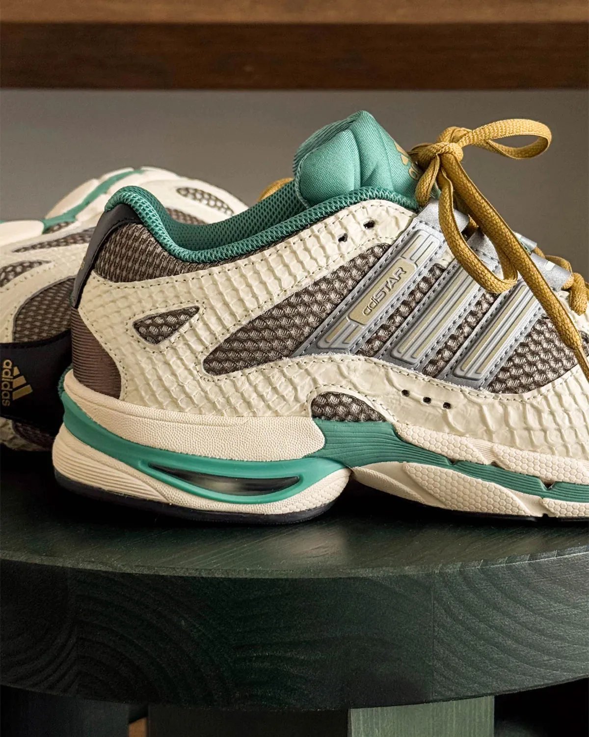 adidas adiStar Molded in Linen Green with flat snakeskin overlay upper, displayed from lateral view - detail view 3