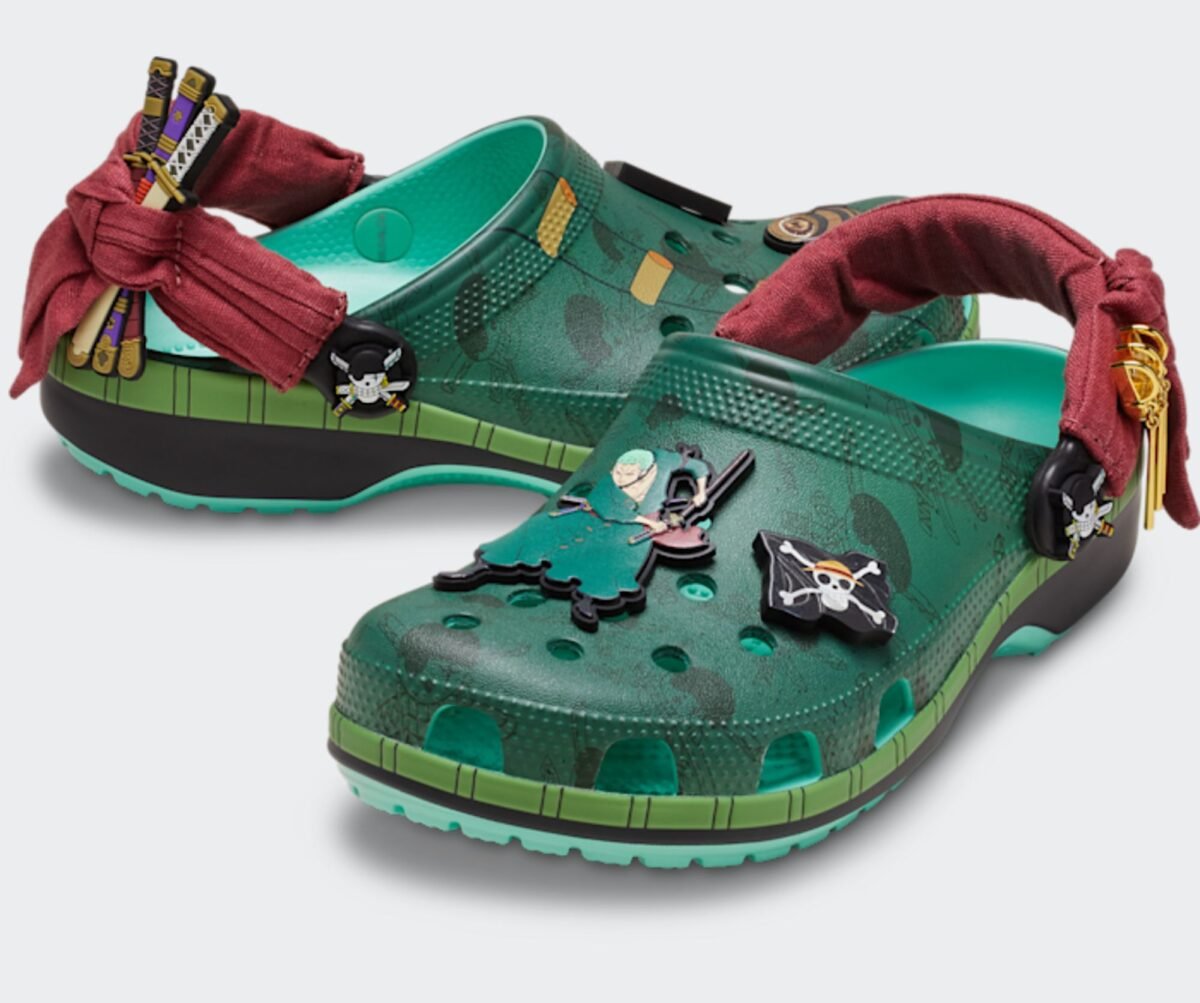 Crocs Classic Clog in Roronoa Zoro colorway from One Piece collaboration, shown from multiple angles - detail view 1