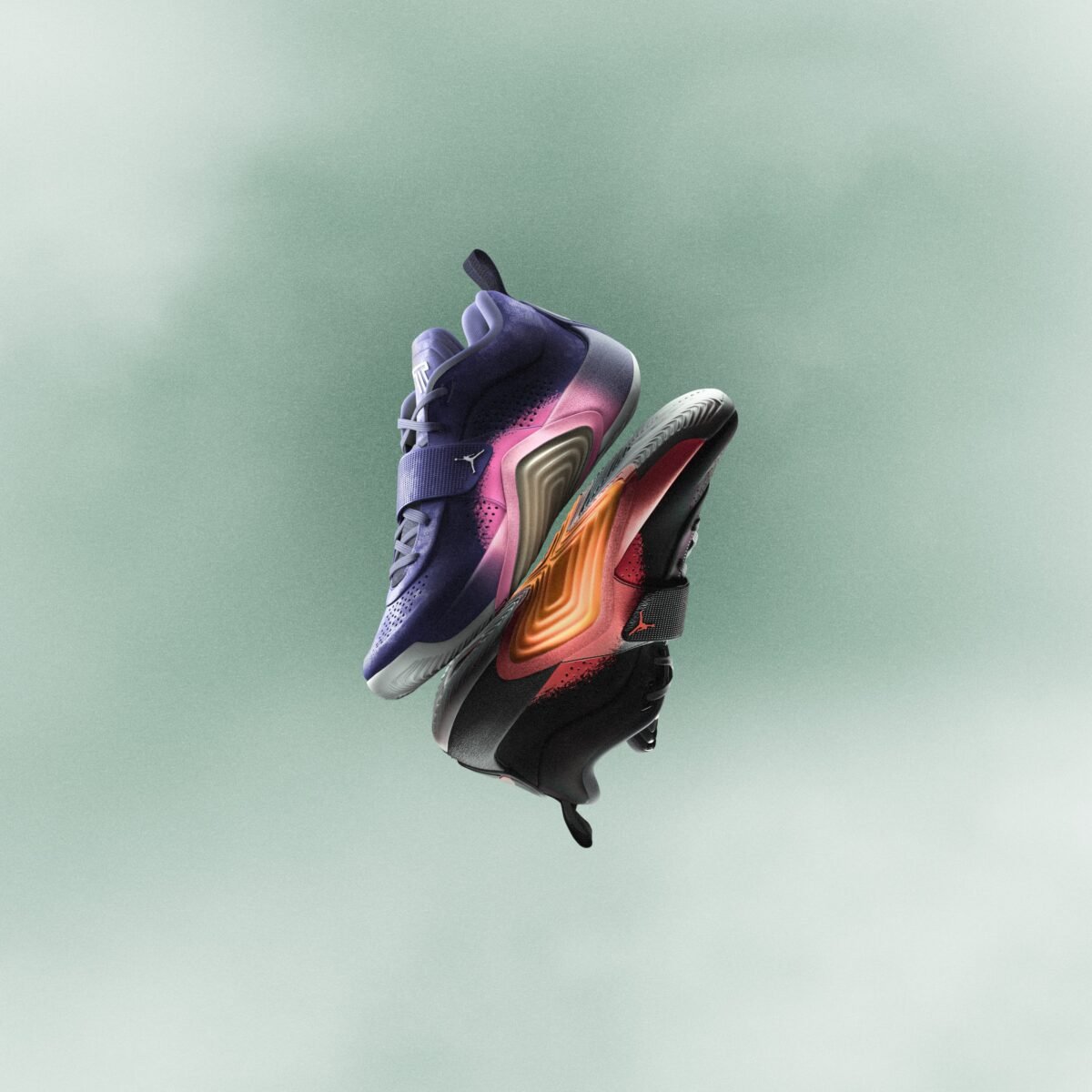 Jordan Tatum 5 signature sneaker in Sunrise colorway with utility strap and heel scar detail