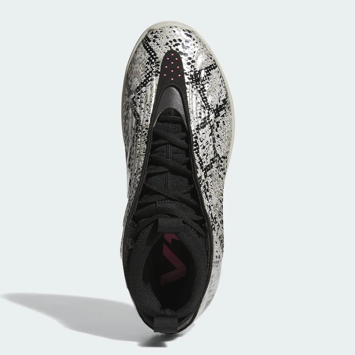 adidas Harden Vol. 10 in black and grey snakeskin print with pink accents and light grey midsole - detail view 4