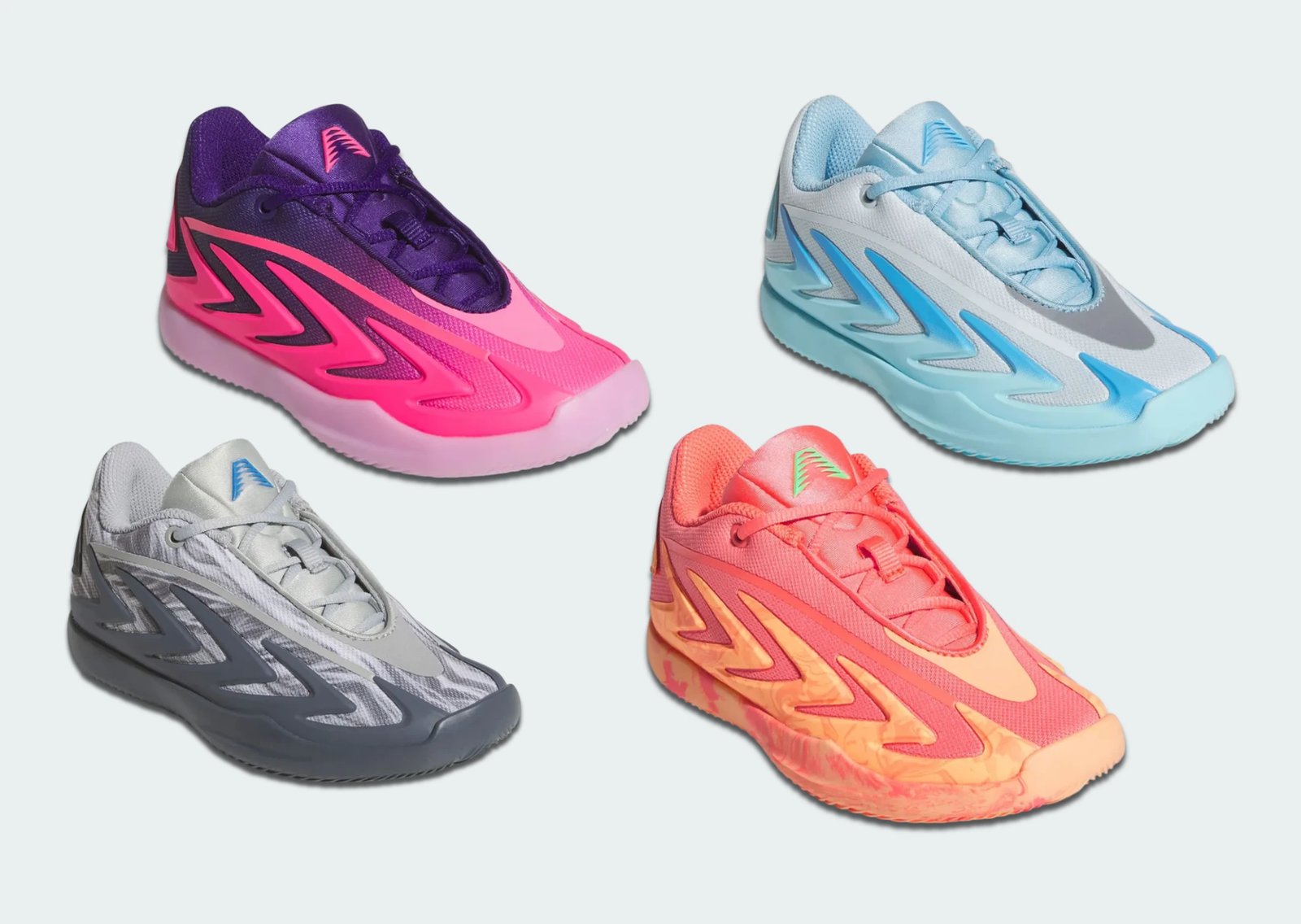 Official product images of the adidas AE 3 Anthony Edwards signature basketball shoe in Snow Camo, With Love, Bliss Blue, and Lucid Pink grade school colorways - detail view 1