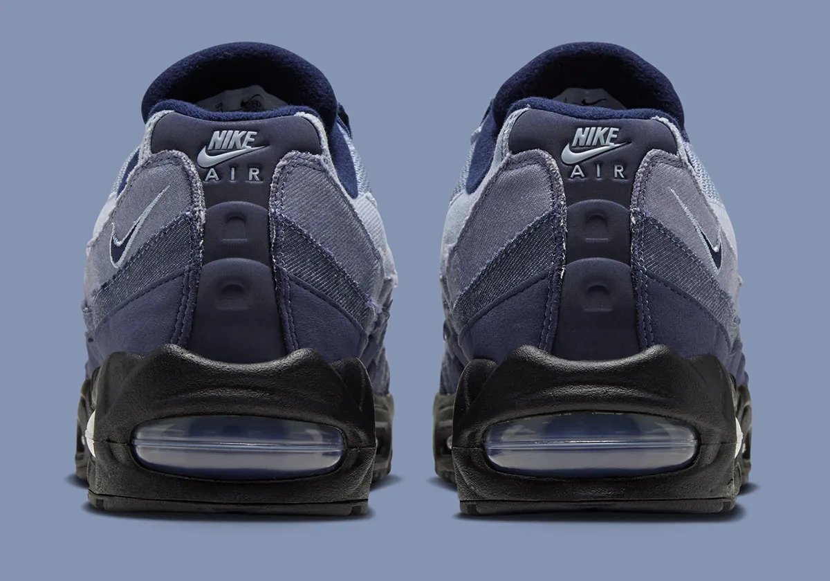 Nike Air Max 95 Ashen Slate displaying gradient denim construction across side overlays with light blue, medium, and dark denim tones - detail view 5