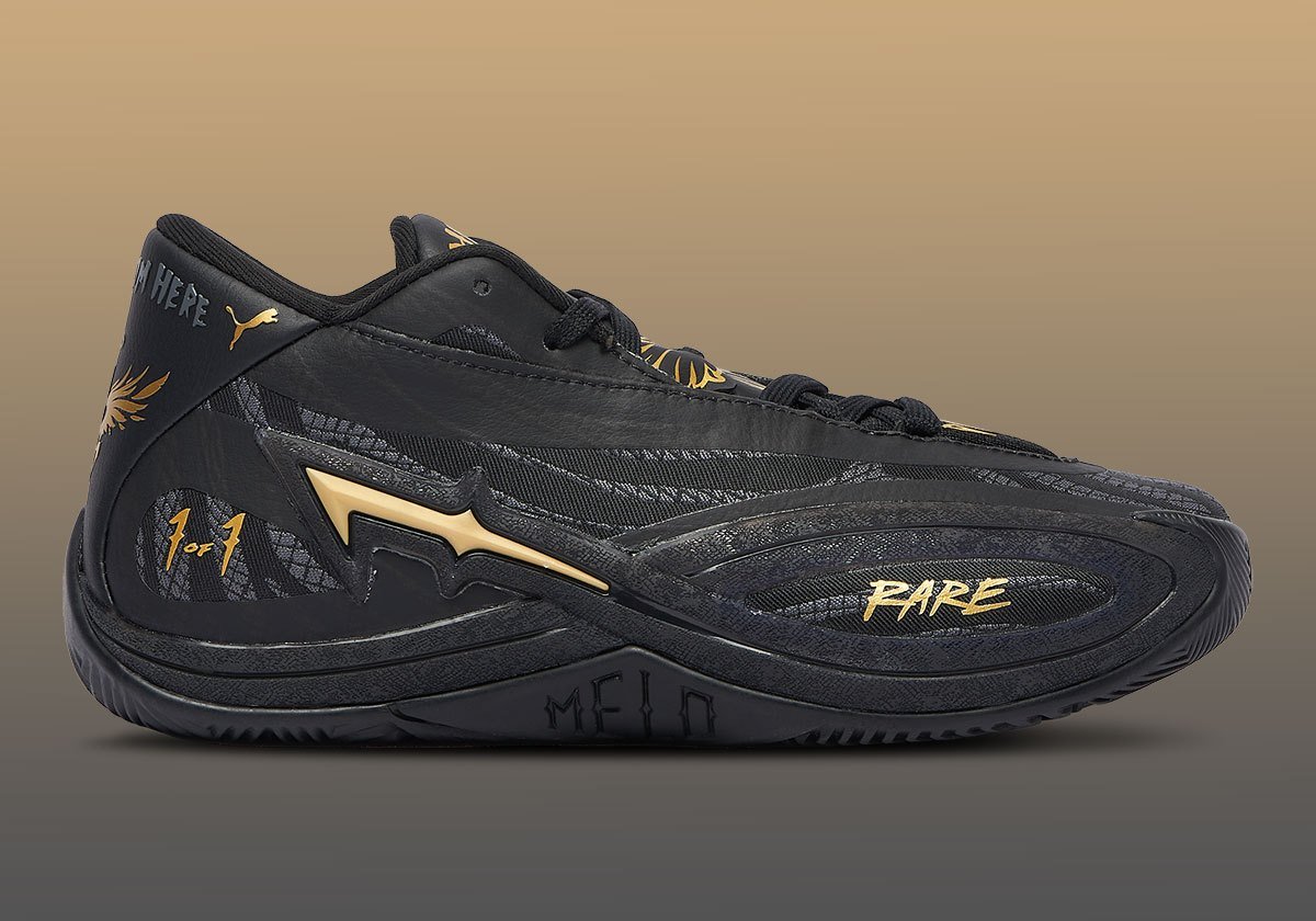 PUMA MB.06 in Black with metallic gold accents on tattoo-inspired graphics, LaMelo Ball signature model - detail view 1