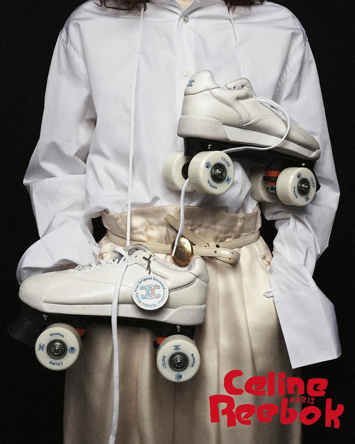Celine x Reebok Freestyle Lo deconstructed sneaker in multiple colorways displayed from above