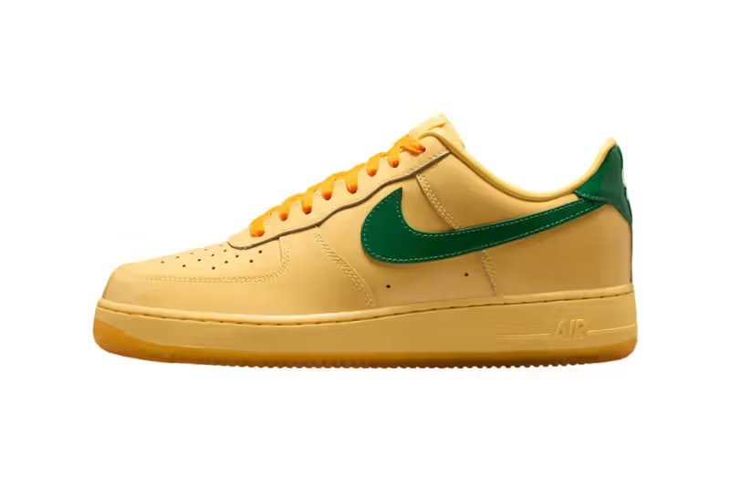 Nike Air Force 1 Patent Leather Pack in three colorways: Topaz Gold/Light Laser Orange, Dark Team Red/Safety Orange, and Mystic Navy/Grape Ice - detail view 1