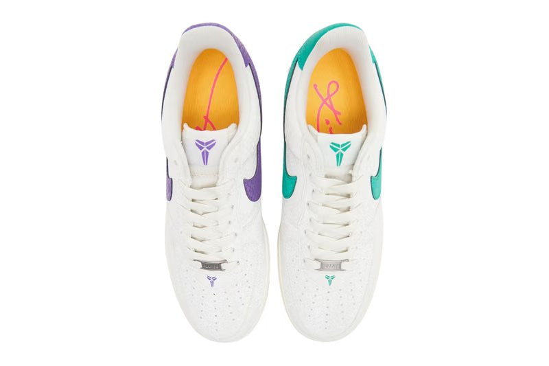Kobe Bryant Nike Air Force 1 Low in Sail with mismatched Emerald Green and Hyper Purple accents and confetti-detailed sole - detail view 4