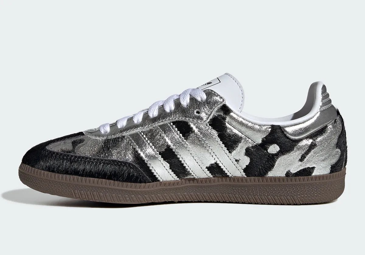 adidas Samba in Cloud White/Silver featuring metallic accents and black and white fur patches on the upper - detail view 2