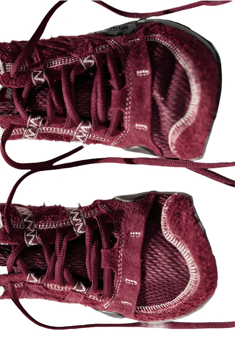 sunlovetour x New Balance Minimus MT10 in burgundy red suede and mesh with icy blue laces, part of the Soft Utility collaboration - detail view 4