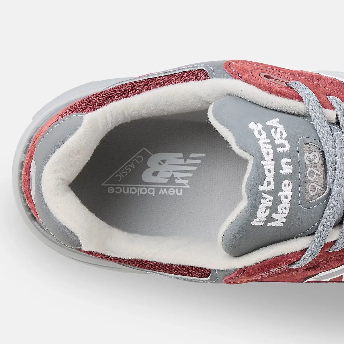 New Balance 993 Made in USA in Burgundy with mesh and suede construction - detail view 4