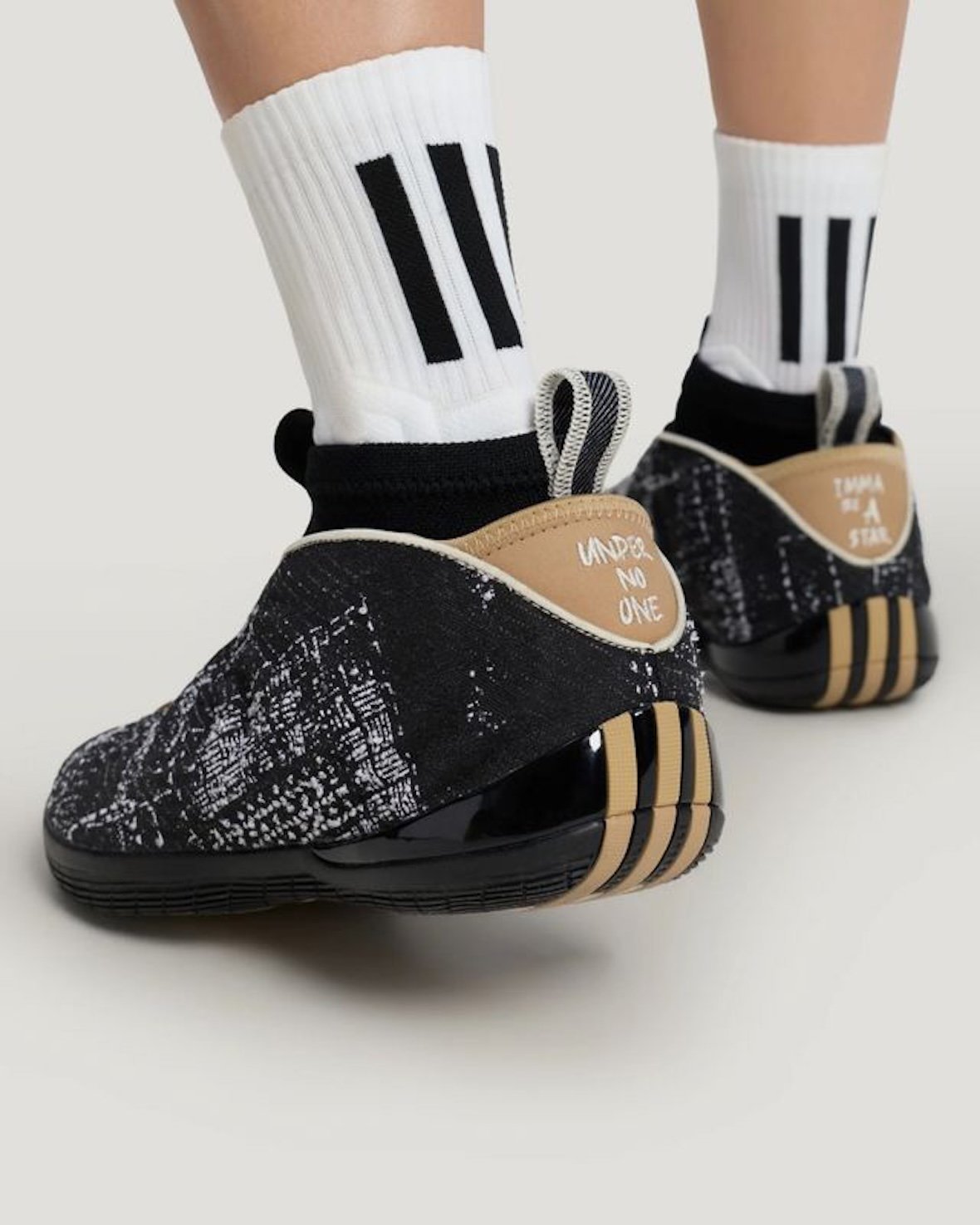 adidas Harden Vol. 10 "Har'Denim" featuring black denim upper with Sashiko stitching and natural tan accents - detail view 5