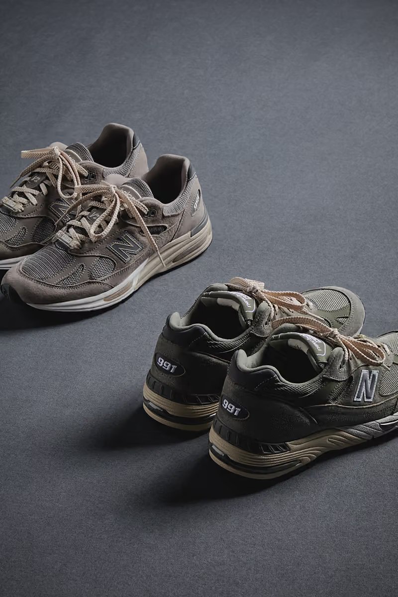 Kith x New Balance 991v1 and 991v2 Made in UK collaboration in Vetiver and Moonrock colorways - detail view 4