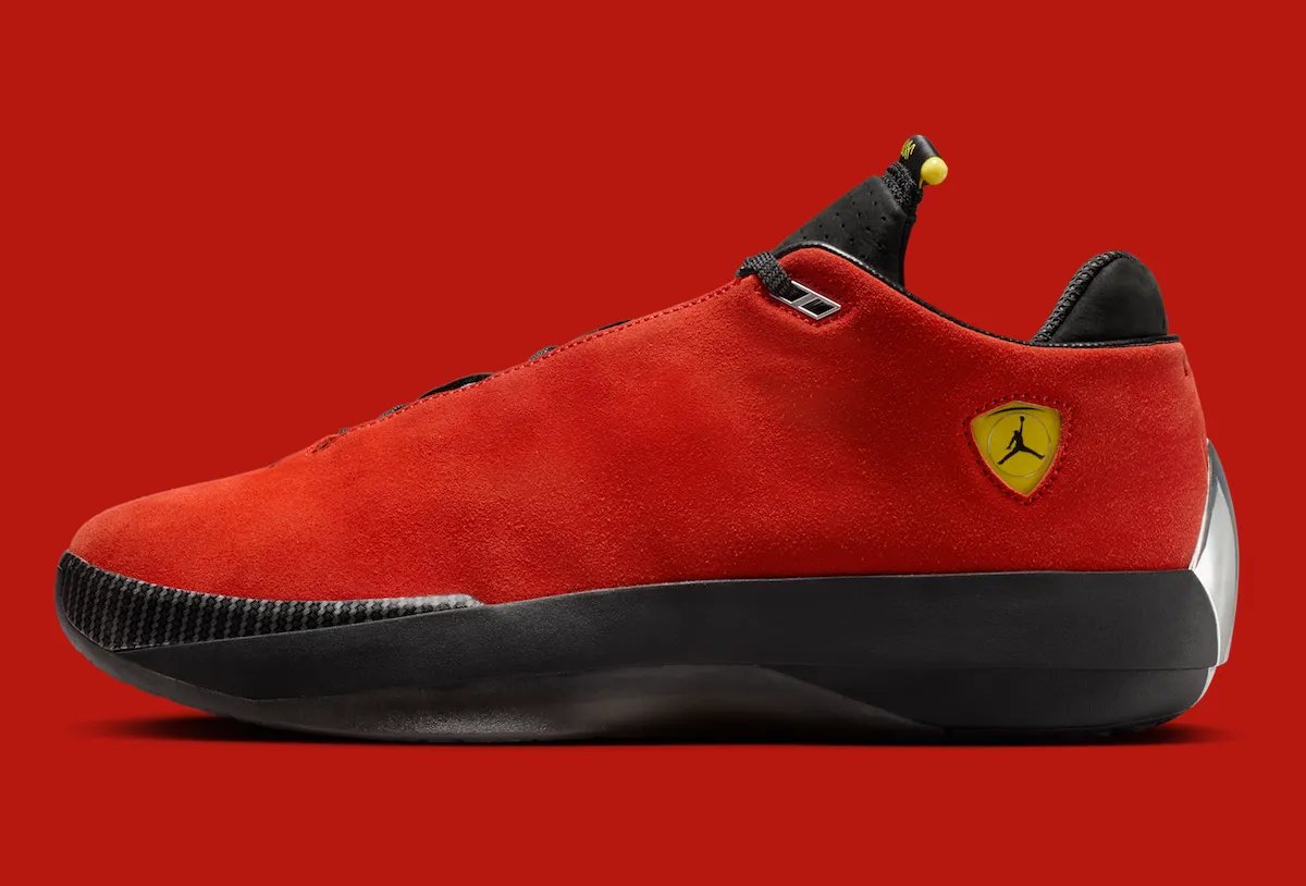 Air Jordan 4014 "Ferrari" in Challenge Red suede with carbon fiber accents and metallic silver trim, releasing September 26, 2026 - detail view 3