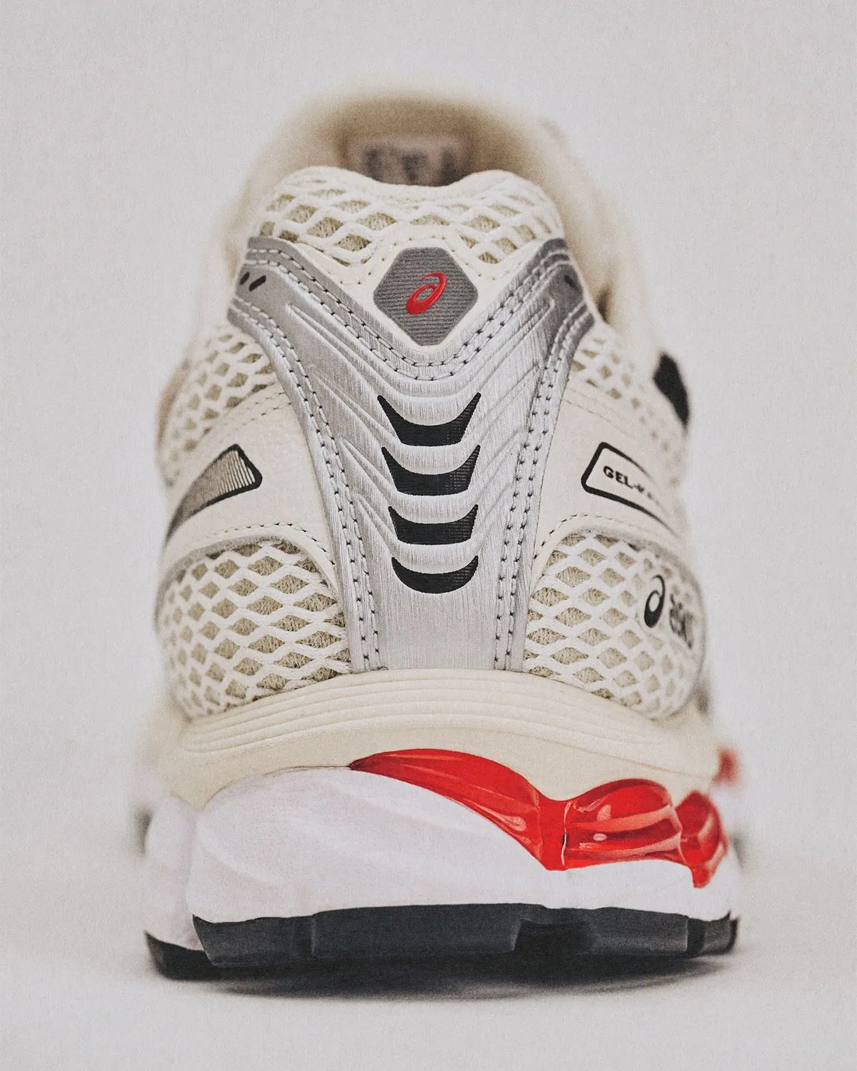 Lapstone & Hammer x ASICS GEL-Kayano 12.1 'The Spark' with diamond knit mesh upper, metallic silver and cream leather panels, and red midsole accents - detail view 5